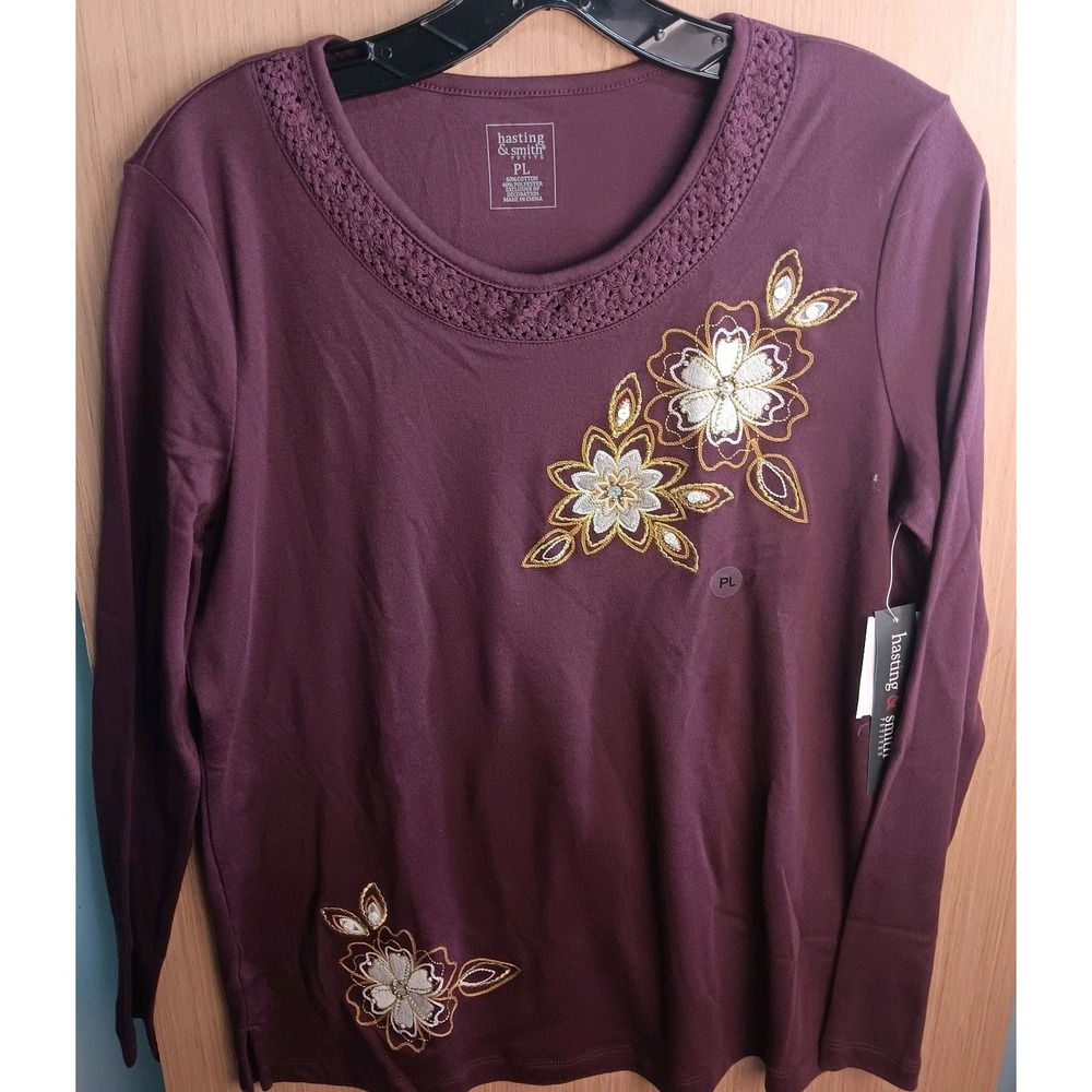Hasting & Smith‎ PL Top Womens Burgundy Floral Embellished Long Sleeve Pullover